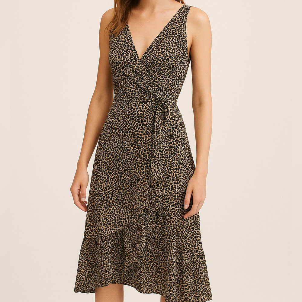 London Times Cheetah Print Sleeveless V-Neck Midi Wrap Dress, 12Petite NWOT